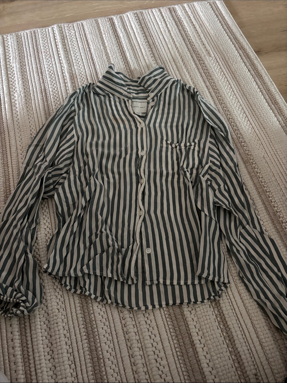 American Eagle Outfitters Green and White Striped Button-Down Shirt